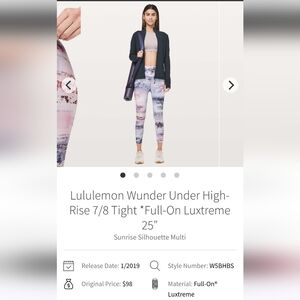 Lululemon Wunder Under High-Rise 7/8 Tight Full-On Luxtreme25" Sz4 Sunrise Multi